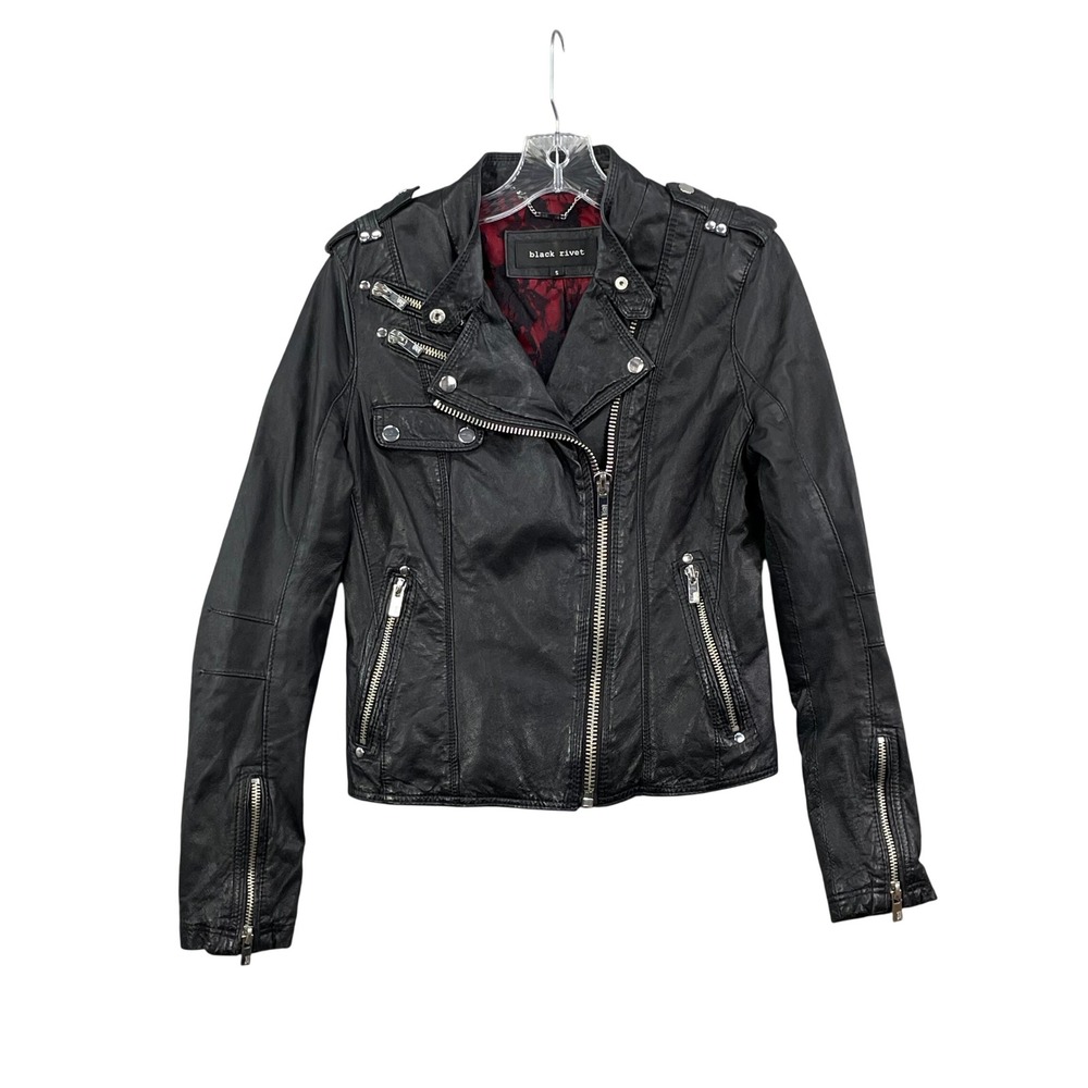 Black Rivet Leather Moto Jacket Women's S Black Biker Asymmetric Zip Lace Lined